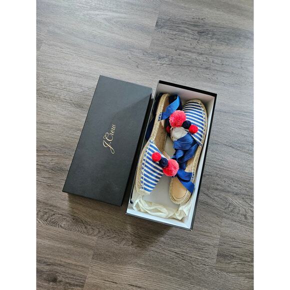 J. Crew Women's Blue Red Striped Ankle Wrap Pom Pom Espadrille Flats NIB Size 9 - Picture 4 of 9